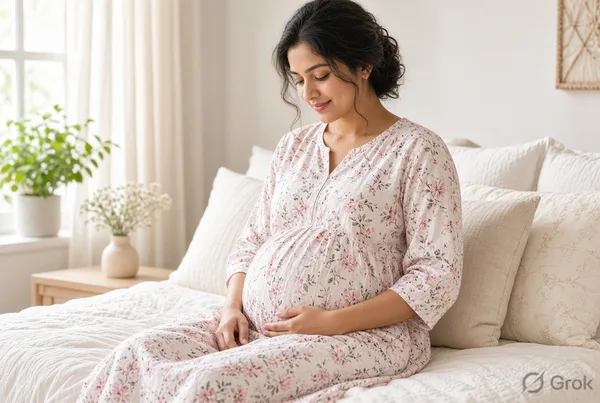 Pregnant woman siting comfortably on bed with back rest.